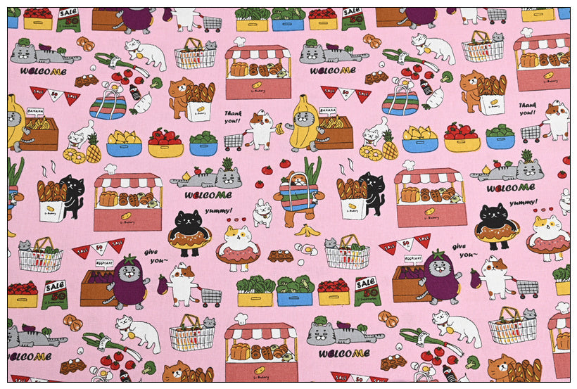 KTX-045907 Thick Cotton Cute Cat Print Fabric for Handmade DIY Projects - 100% Cotton, 110cm Wide