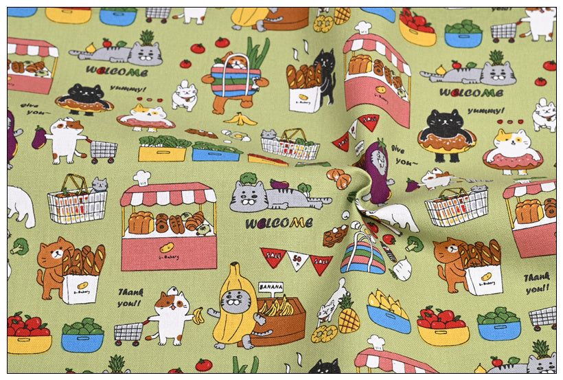 KTX-045907 Thick Cotton Cute Cat Print Fabric for Handmade DIY Projects - 100% Cotton, 110cm Wide
