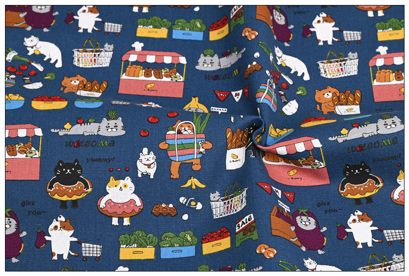 KTX-045907 Thick Cotton Cute Cat Print Fabric for Handmade DIY Projects - 100% Cotton, 110cm Wide