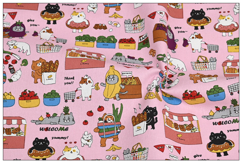 KTX-045907 Thick Cotton Cute Cat Print Fabric for Handmade DIY Projects - 100% Cotton, 110cm Wide