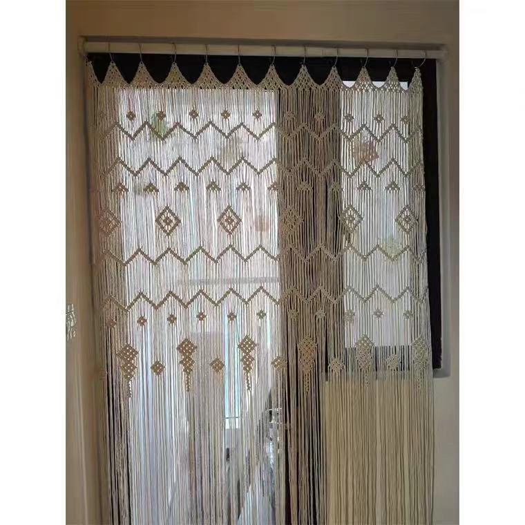 KTX-046931 Hand Woven Bohemian Hoop Door Curtain - Nordic Style Cotton Tapestry, Original White Beige, 85x200 cm
