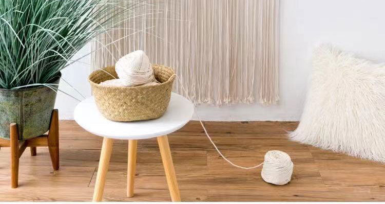 KTX-046931 Hand Woven Bohemian Hoop Door Curtain - Nordic Style Cotton Tapestry, Original White Beige, 85x200 cm