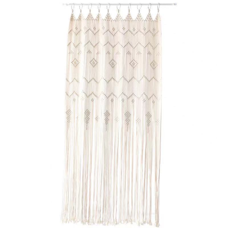 KTX-046931 Hand Woven Bohemian Hoop Door Curtain - Nordic Style Cotton Tapestry, Original White Beige, 85x200 cm