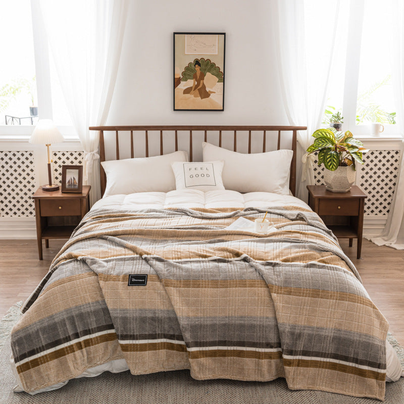 KTX-048851 Milk Velvet Thickened Yarn-Dyed Striped Flannel Blanket for Autumn and Winter