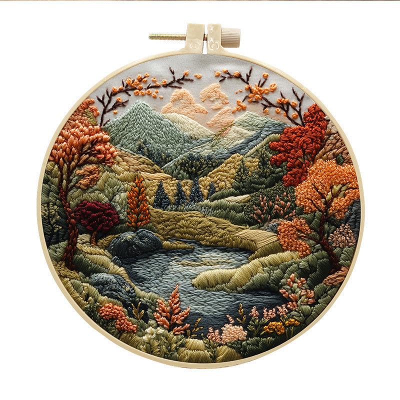 KTX-053971 Landscape Embroidery DIY Kit with Cotton and Linen Fabric, Includes 15cm Embroidery Frame