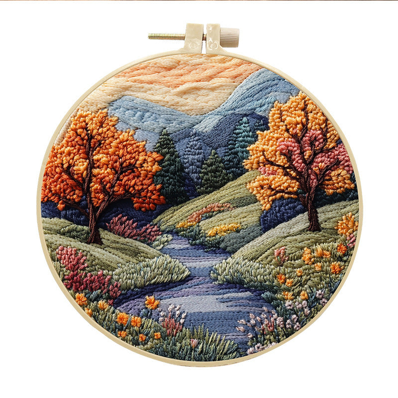 KTX-053971 Landscape Embroidery DIY Kit with Cotton and Linen Fabric, Includes 15cm Embroidery Frame