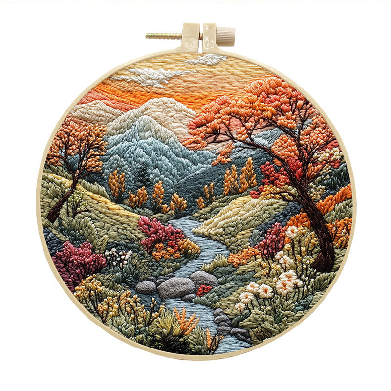 KTX-053971 Landscape Embroidery DIY Kit with Cotton and Linen Fabric, Includes 15cm Embroidery Frame