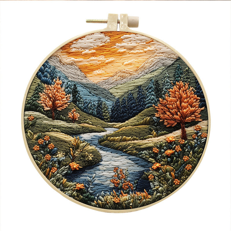 KTX-053971 Landscape Embroidery DIY Kit with Cotton and Linen Fabric, Includes 15cm Embroidery Frame