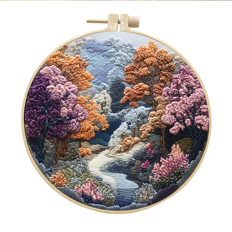 KTX-053971 Landscape Embroidery DIY Kit with Cotton and Linen Fabric, Includes 15cm Embroidery Frame