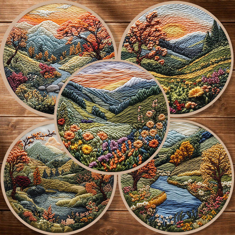 KTX-053971 Landscape Embroidery DIY Kit with Cotton and Linen Fabric, Includes 15cm Embroidery Frame