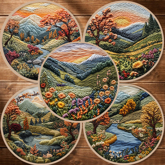 KTX-053971 Landscape Embroidery DIY Kit with Cotton and Linen Fabric, Includes 15cm Embroidery Frame