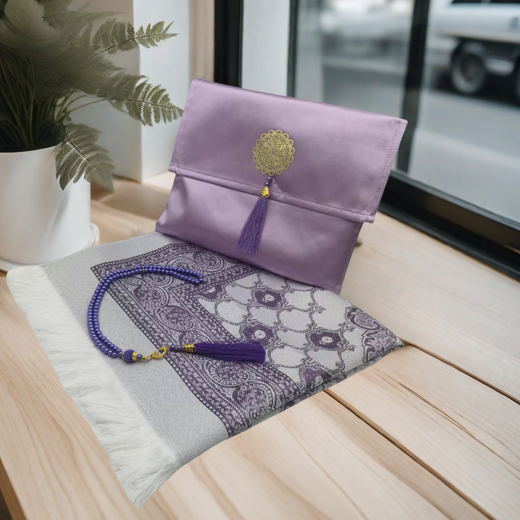 KTX-055699 Muslim Prayer Mat Set with Beads and Travel Bag - Washable Polyester Fiber, Modern Square Design