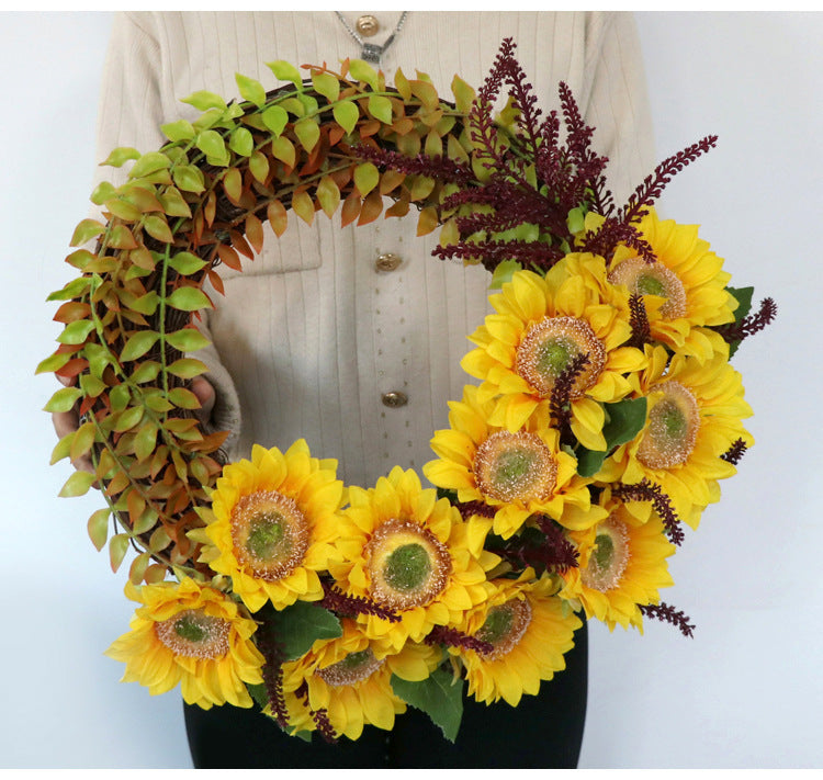 KTX-056211 Sunflower Artificial Silk Flower Wreath for Thanksgiving and Holiday Decor