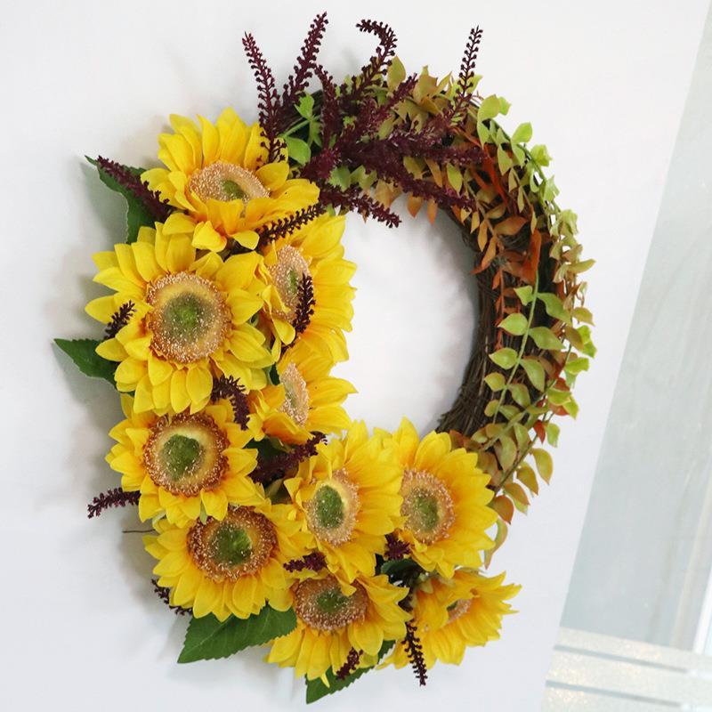 KTX-056211 Sunflower Artificial Silk Flower Wreath for Thanksgiving and Holiday Decor