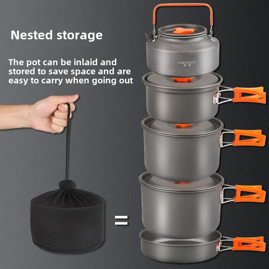 KTX-056787 Portable Anodised Camping Cookware Set with Foldable Stove and Hanging Pot for Outdoor Cooking