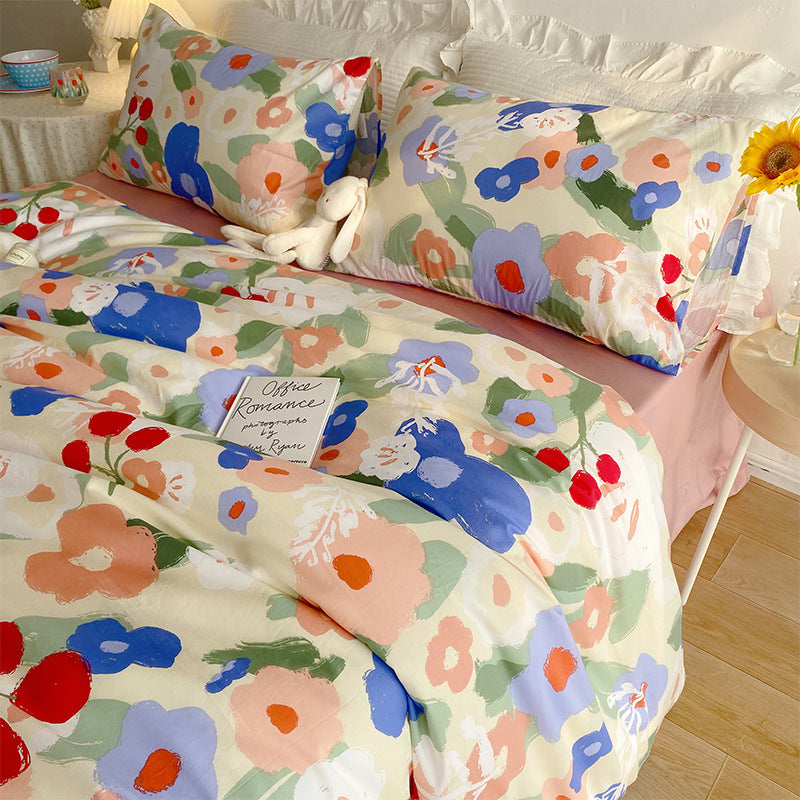 KTX-058579 Floral Print Cotton Bedding Set in Various Sizes with Pillowcases and Quilt Covers