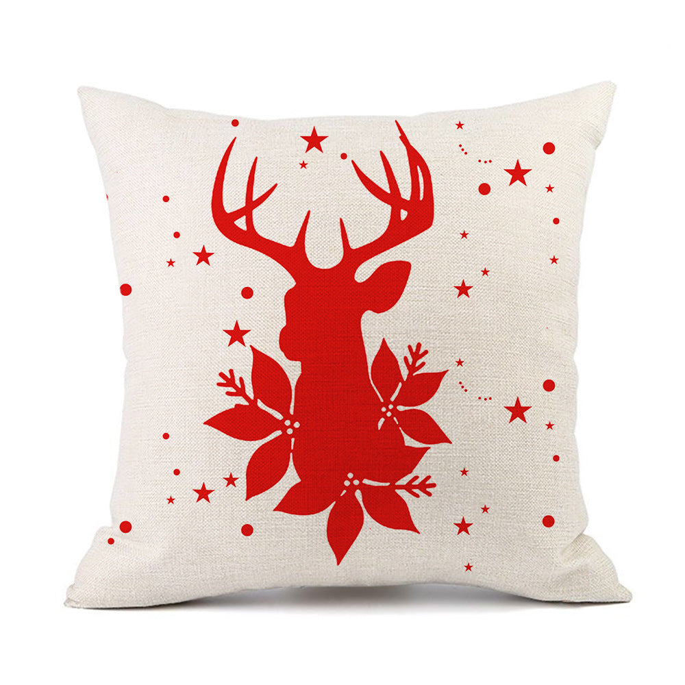 KTX-059411 Christmas Elk Santa Claus Cushion - Red Festive Printed Linen Pillow, 45x45cm, PP Cotton Filling