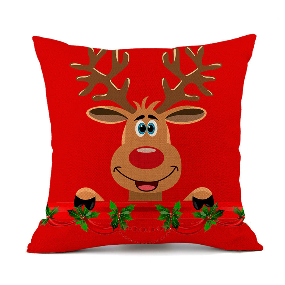 KTX-059411 Christmas Elk Santa Claus Cushion - Red Festive Printed Linen Pillow, 45x45cm, PP Cotton Filling