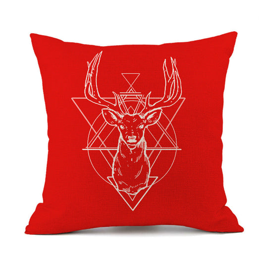 KTX-059411 Christmas Elk Santa Claus Cushion - Red Festive Printed Linen Pillow, 45x45cm, PP Cotton Filling