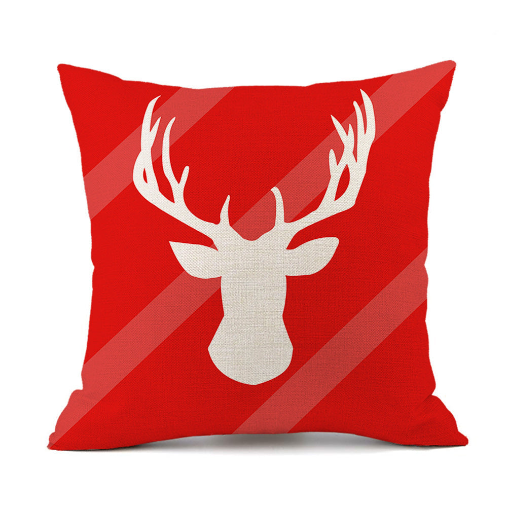 KTX-059411 Christmas Elk Santa Claus Cushion - Red Festive Printed Linen Pillow, 45x45cm, PP Cotton Filling