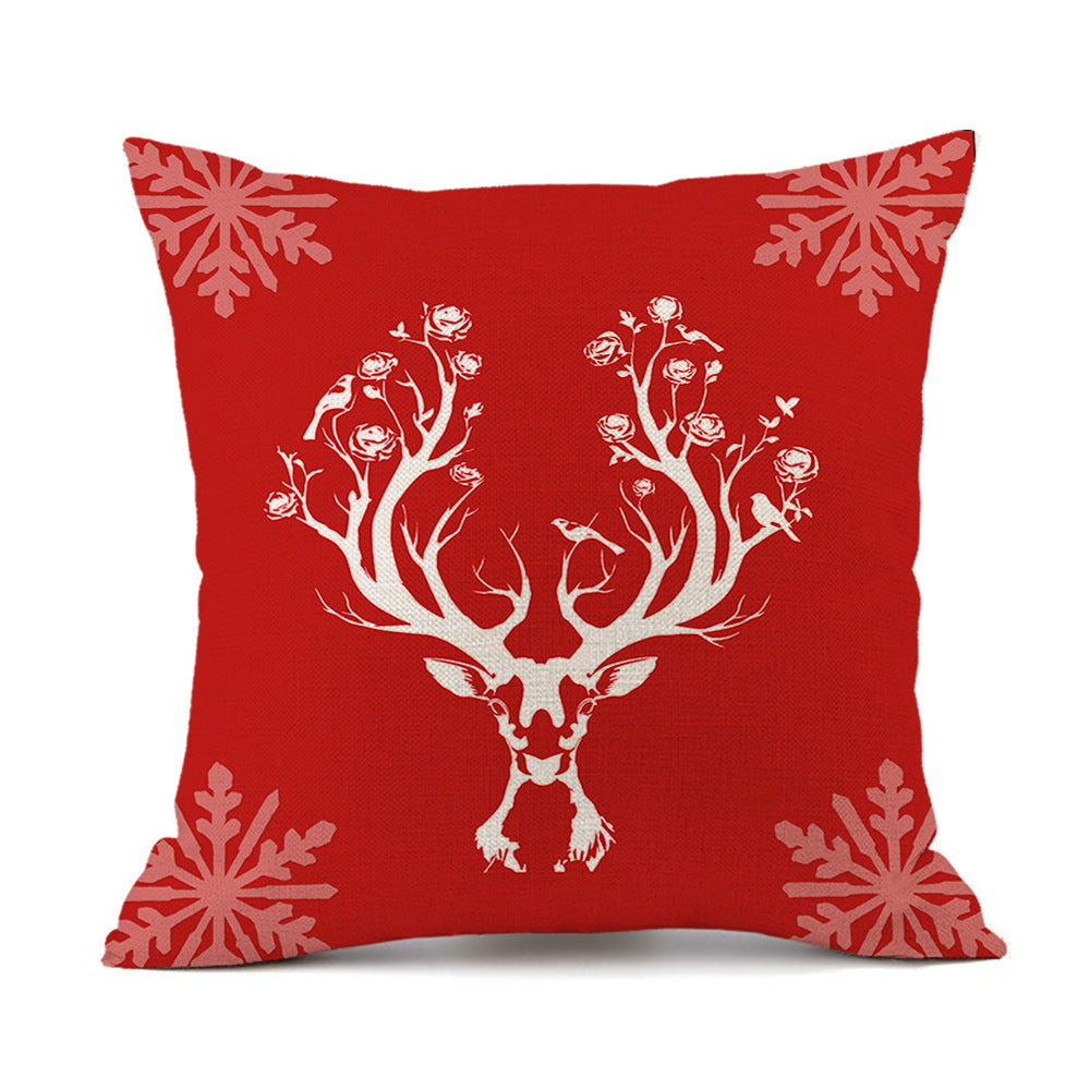 KTX-059411 Christmas Elk Santa Claus Cushion - Red Festive Printed Linen Pillow, 45x45cm, PP Cotton Filling