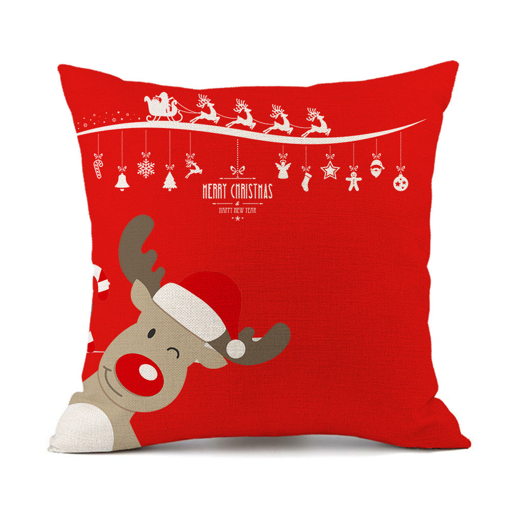 KTX-059411 Christmas Elk Santa Claus Cushion - Red Festive Printed Linen Pillow, 45x45cm, PP Cotton Filling