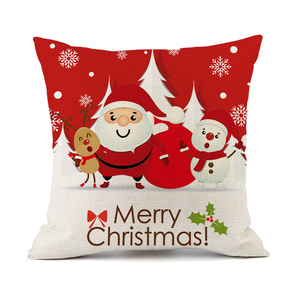 KTX-059411 Christmas Elk Santa Claus Cushion - Red Festive Printed Linen Pillow, 45x45cm, PP Cotton Filling