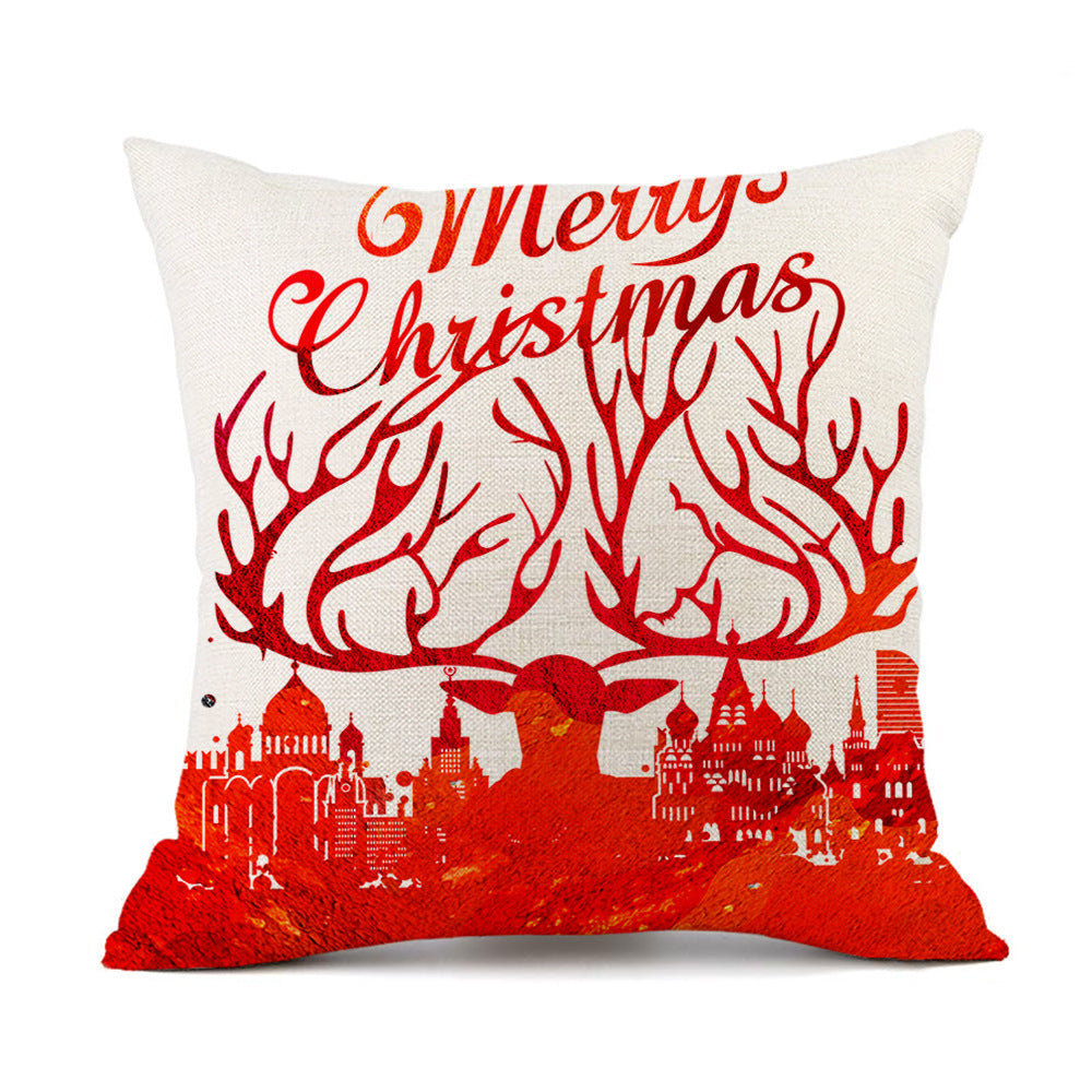 KTX-059411 Christmas Elk Santa Claus Cushion - Red Festive Printed Linen Pillow, 45x45cm, PP Cotton Filling