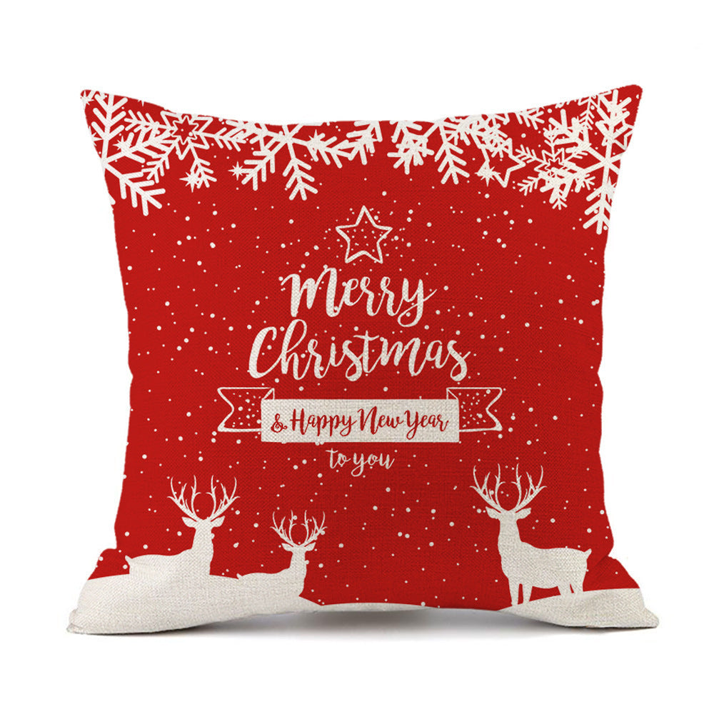 KTX-059411 Christmas Elk Santa Claus Cushion - Red Festive Printed Linen Pillow, 45x45cm, PP Cotton Filling
