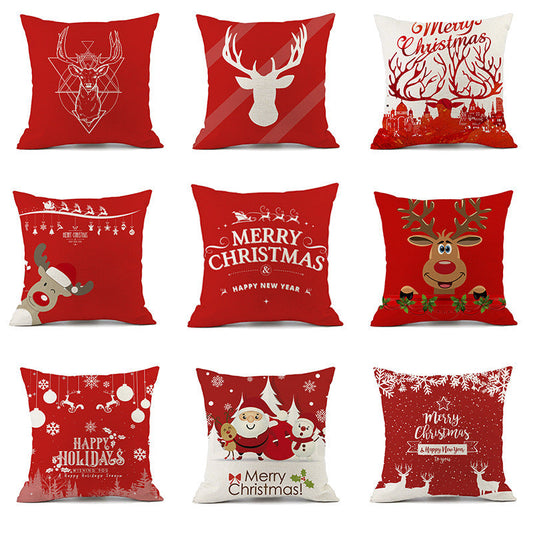 KTX-059411 Christmas Elk Santa Claus Cushion - Red Festive Printed Linen Pillow, 45x45cm, PP Cotton Filling