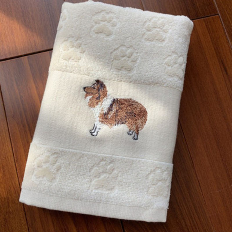 KTX-060307 Cotton Dog Embroidery Water Absorbent Towel, Soft and Comfortable 62cm x 40cm