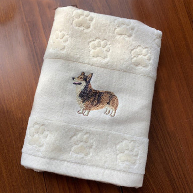 KTX-060307 Cotton Dog Embroidery Water Absorbent Towel, Soft and Comfortable 62cm x 40cm