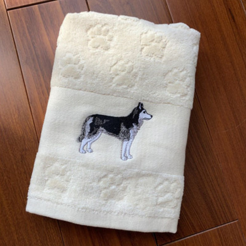 KTX-060307 Cotton Dog Embroidery Water Absorbent Towel, Soft and Comfortable 62cm x 40cm
