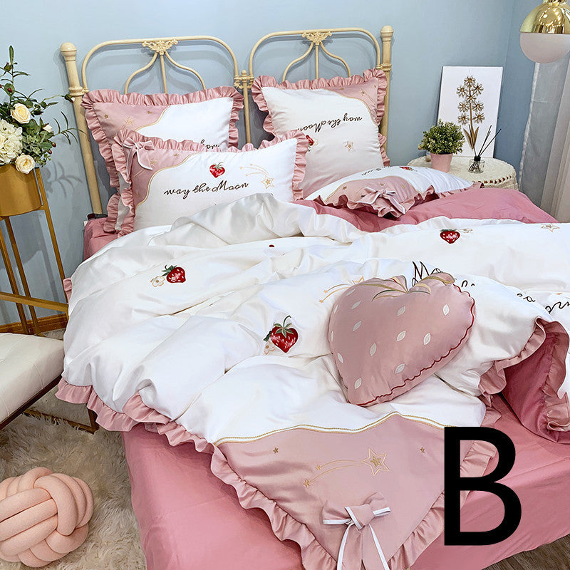 KTX-061715 Cotton Strawberry Embroidery Four-Piece Duvet Cover Bedding Set