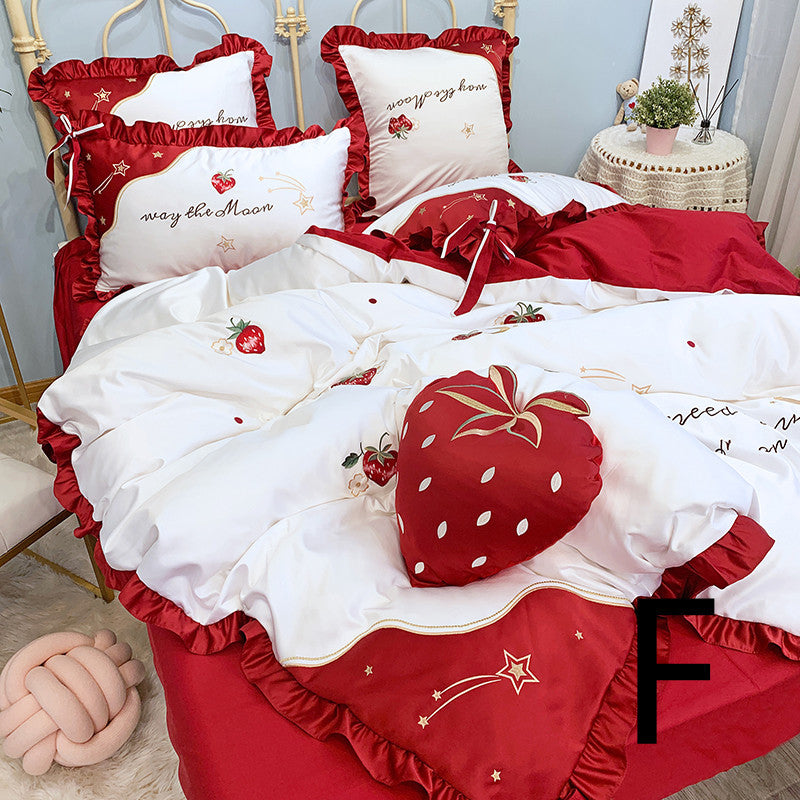 KTX-061715 Cotton Strawberry Embroidery Four-Piece Duvet Cover Bedding Set