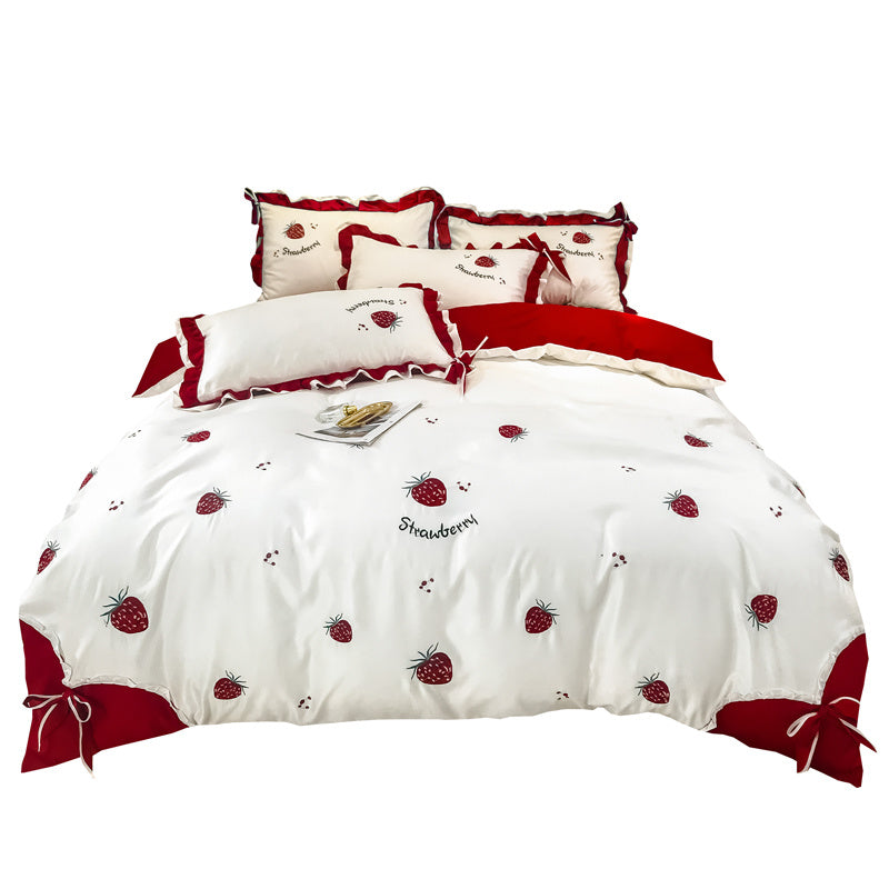 KTX-061715 Cotton Strawberry Embroidery Four-Piece Duvet Cover Bedding Set