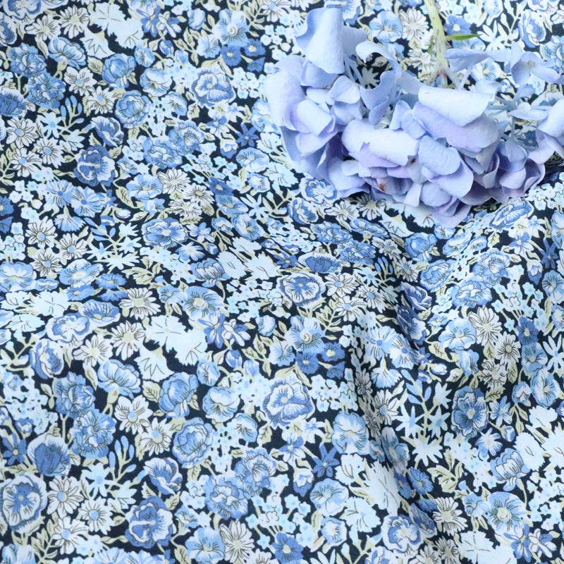 KTX-061715 Small Blue Rose Floral Velvet Cotton Fabric - 80 Pieces, 100% Pure Cotton, Available in Various Lengths