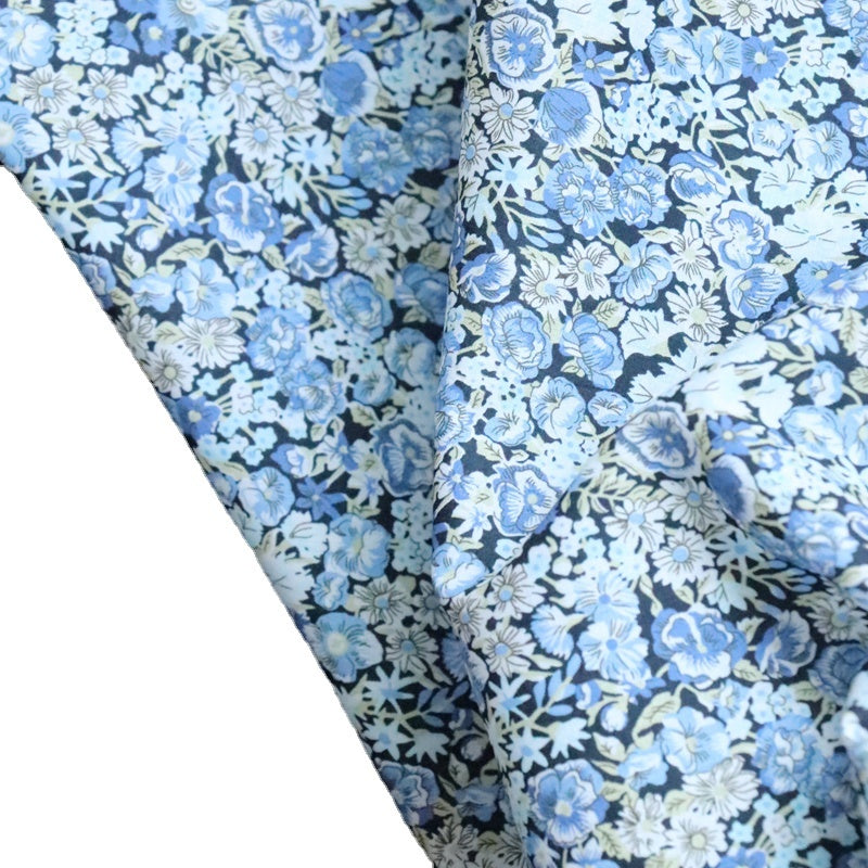 KTX-061715 Small Blue Rose Floral Velvet Cotton Fabric - 80 Pieces, 100% Pure Cotton, Available in Various Lengths