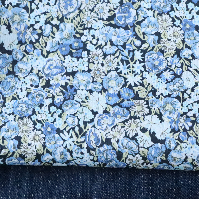 KTX-061715 Small Blue Rose Floral Velvet Cotton Fabric - 80 Pieces, 100% Pure Cotton, Available in Various Lengths