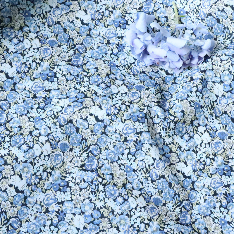 KTX-061715 Small Blue Rose Floral Velvet Cotton Fabric - 80 Pieces, 100% Pure Cotton, Available in Various Lengths