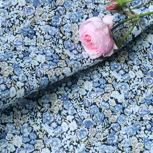 KTX-061715 Small Blue Rose Floral Velvet Cotton Fabric - 80 Pieces, 100% Pure Cotton, Available in Various Lengths