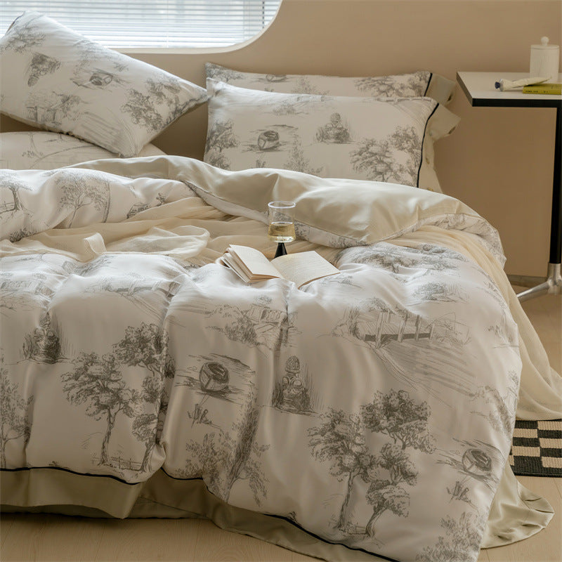 KTX-063187 Retro Pastoral Tencel Bed Set, Lyocell Fiber, Quilt Cover & Pillowcases, Available in Wilderness and Dry Rose
