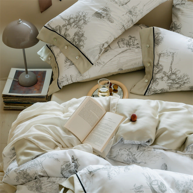 KTX-063187 Retro Pastoral Tencel Bed Set, Lyocell Fiber, Quilt Cover & Pillowcases, Available in Wilderness and Dry Rose