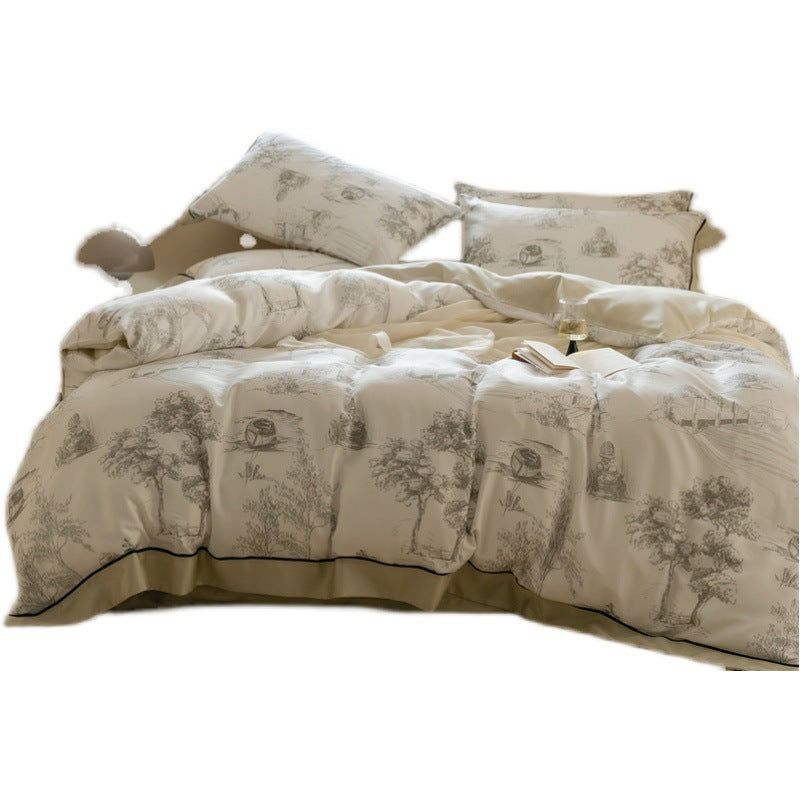 KTX-063187 Retro Pastoral Tencel Bed Set, Lyocell Fiber, Quilt Cover & Pillowcases, Available in Wilderness and Dry Rose