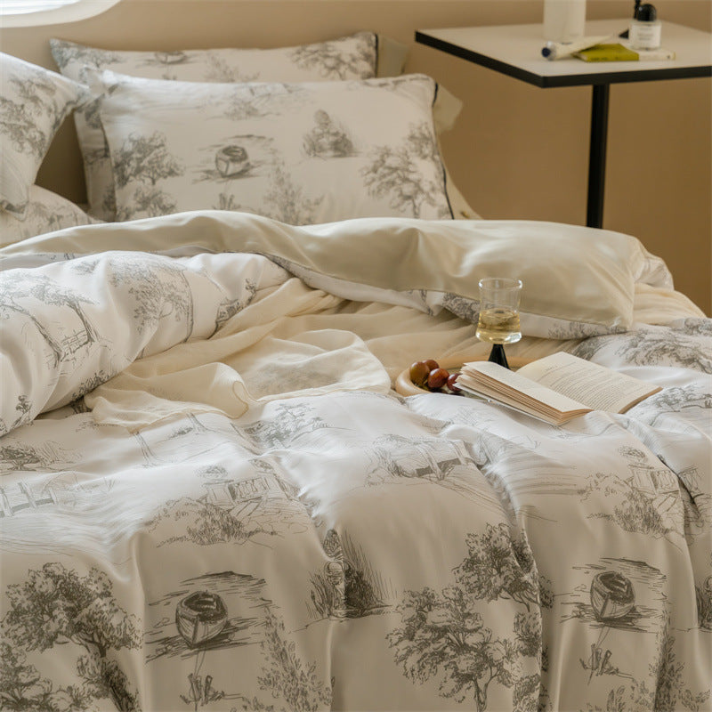 KTX-063187 Retro Pastoral Tencel Bed Set, Lyocell Fiber, Quilt Cover & Pillowcases, Available in Wilderness and Dry Rose