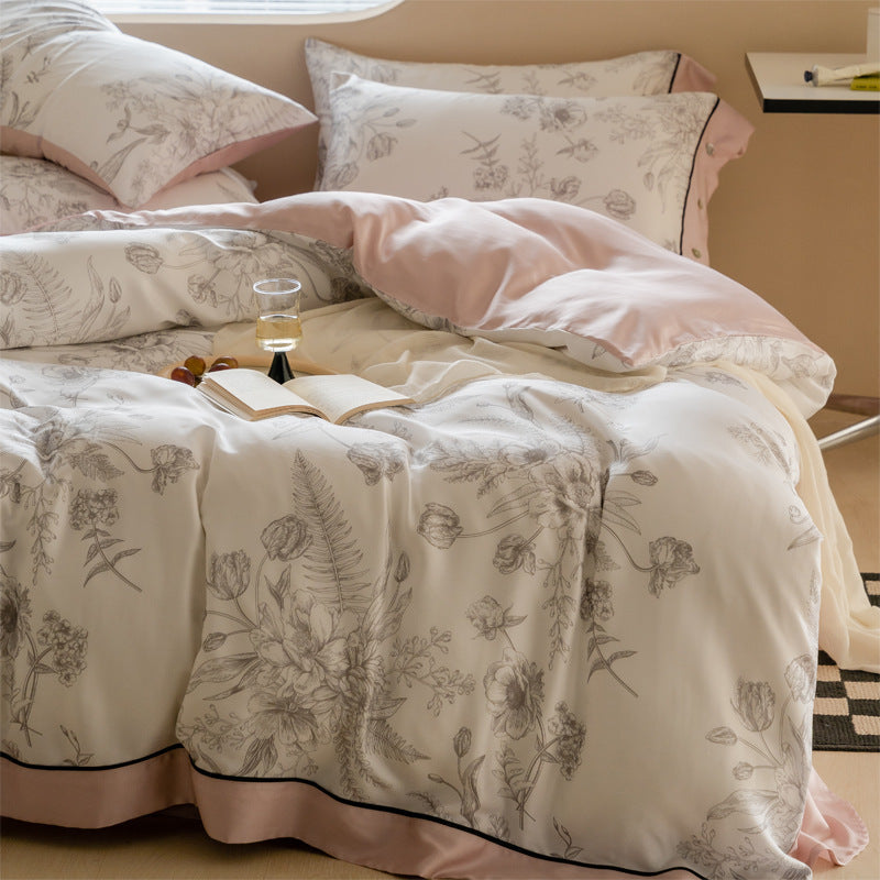 KTX-063187 Retro Pastoral Tencel Bed Set, Lyocell Fiber, Quilt Cover & Pillowcases, Available in Wilderness and Dry Rose
