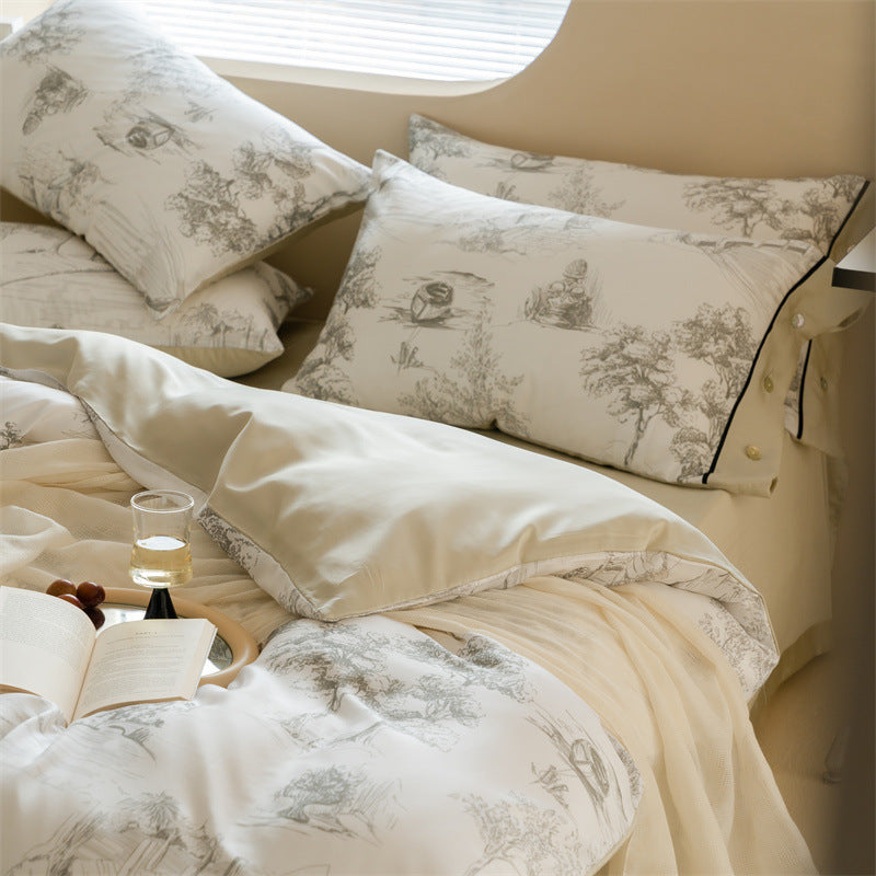 KTX-063187 Retro Pastoral Tencel Bed Set, Lyocell Fiber, Quilt Cover & Pillowcases, Available in Wilderness and Dry Rose