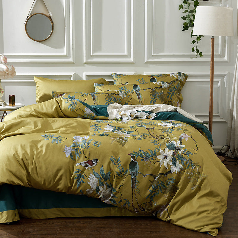 KTX-064339 Satin Long-Staple Cotton Four-Piece Quilt Cover Set with Floral Patterns in Yellow