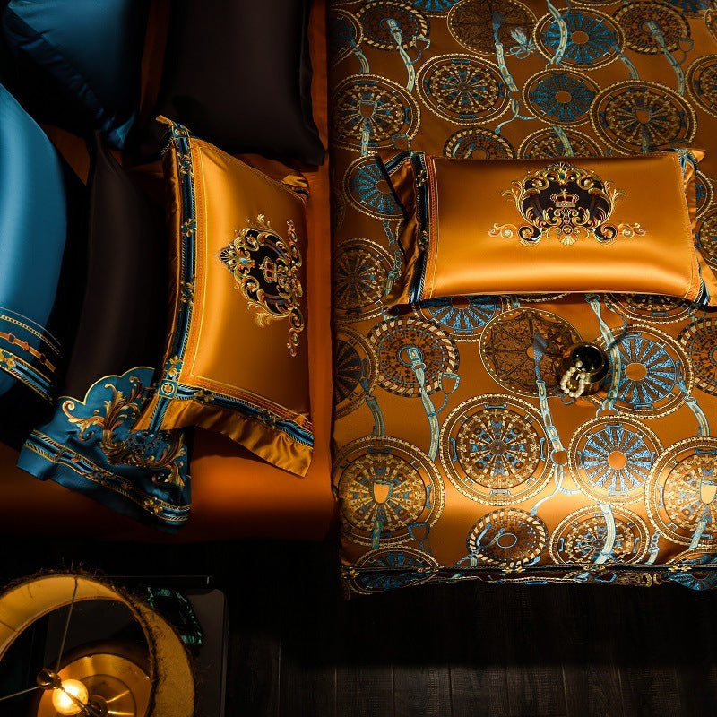 KTX-064659 Luxury Plaid Embroidery Four-Piece Bedset in Skin-Friendly Long-Staple Cotton