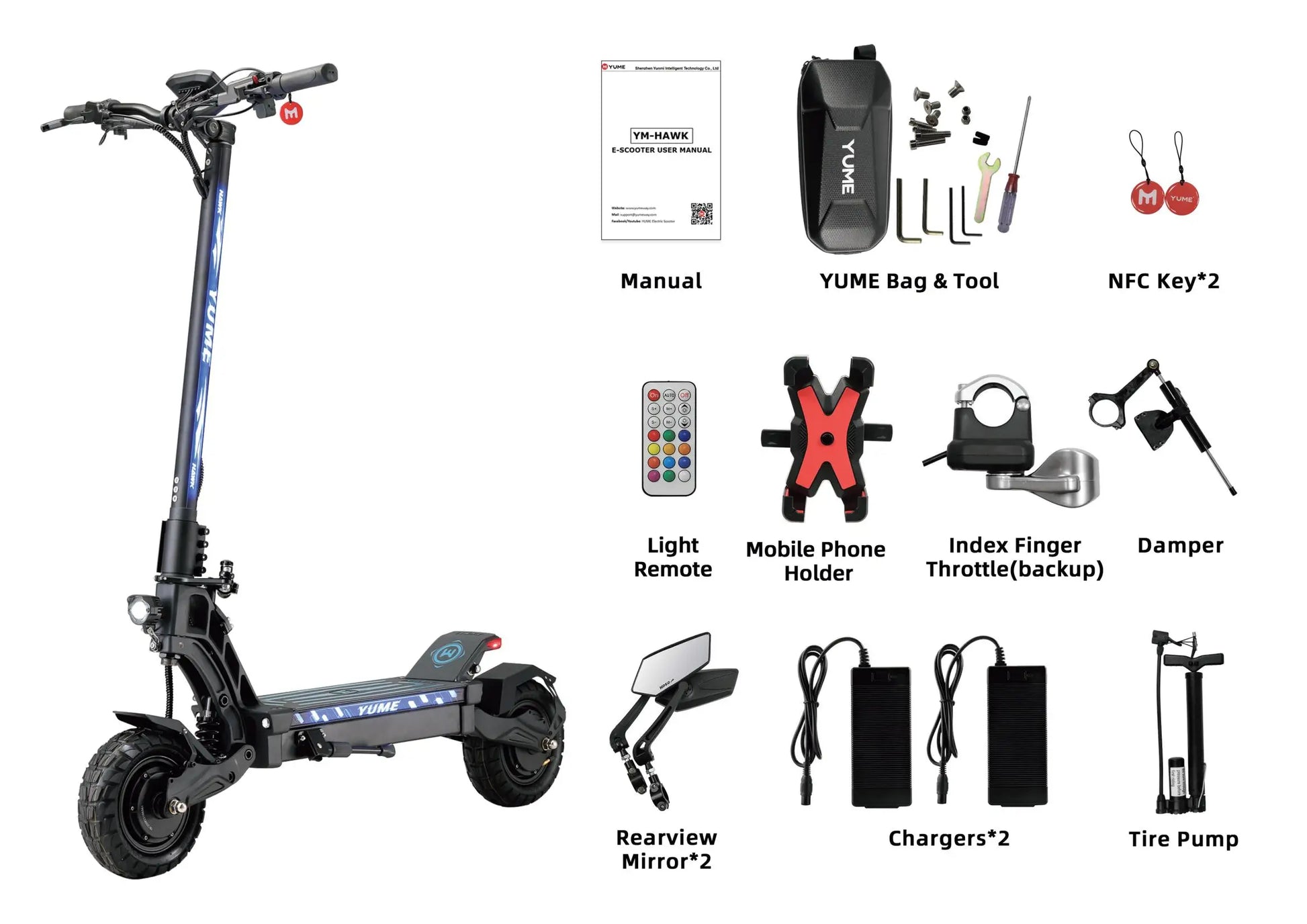 KTX-065683 YUME Hawk Electric Scooter, Foldable, 60V, 15mph Max Speed, 70 km Range, Waterproof, Bluetooth, 250W Motor